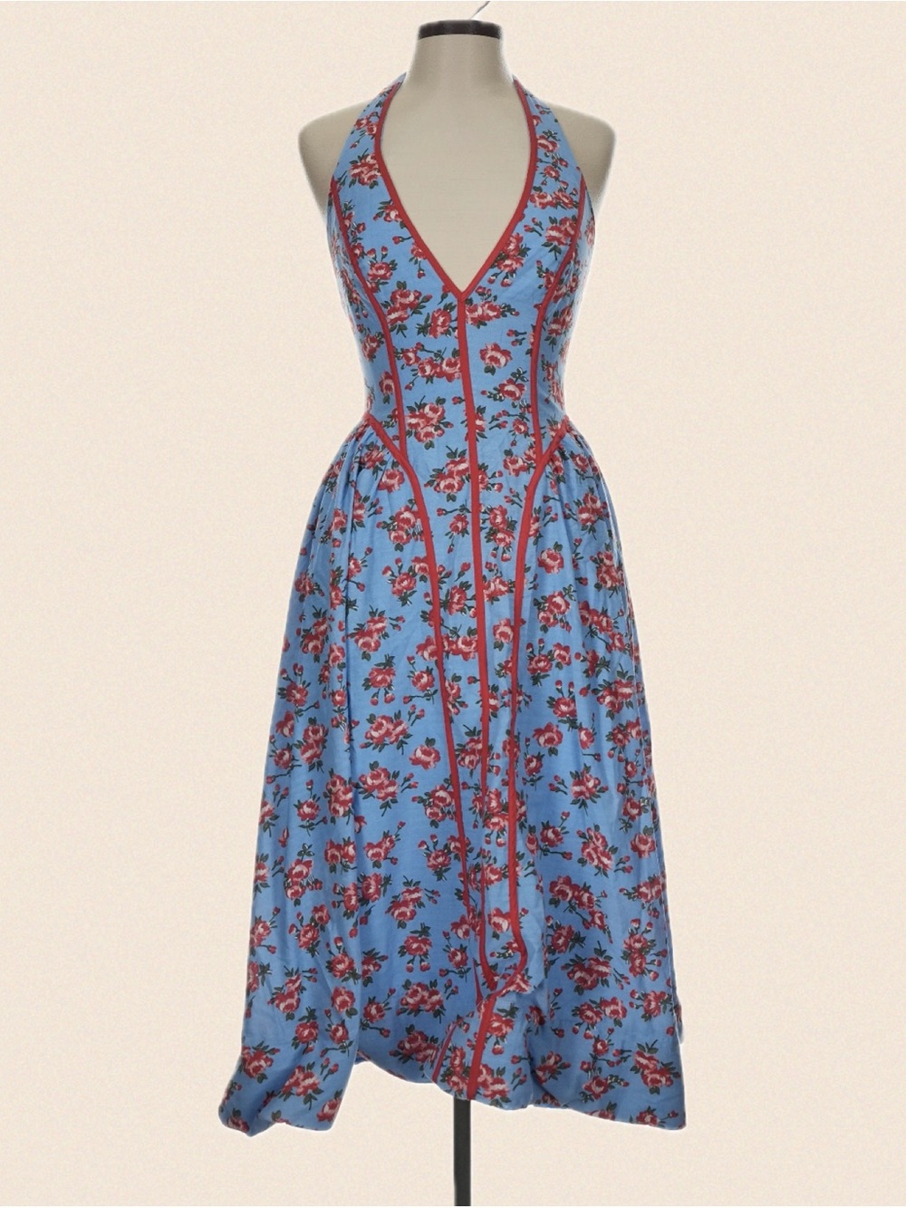Anthropologie Halter Fit & Flare Blue Floral Midi Dress with Red Trim